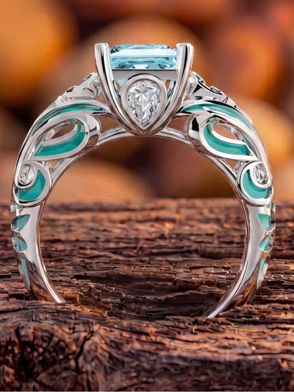 Sterling Silver Ring with Aquamarine Center and Teal Enamel Accents